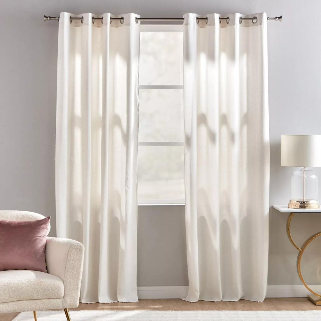 Pair of Off White Striped Curtains With Rings