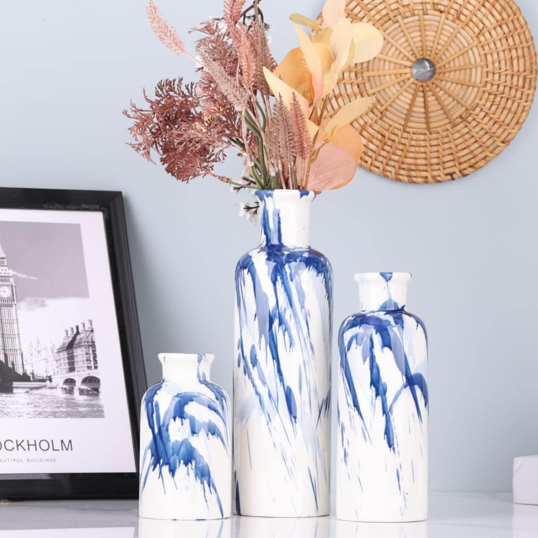 Blue Painted Glazed Vases Set