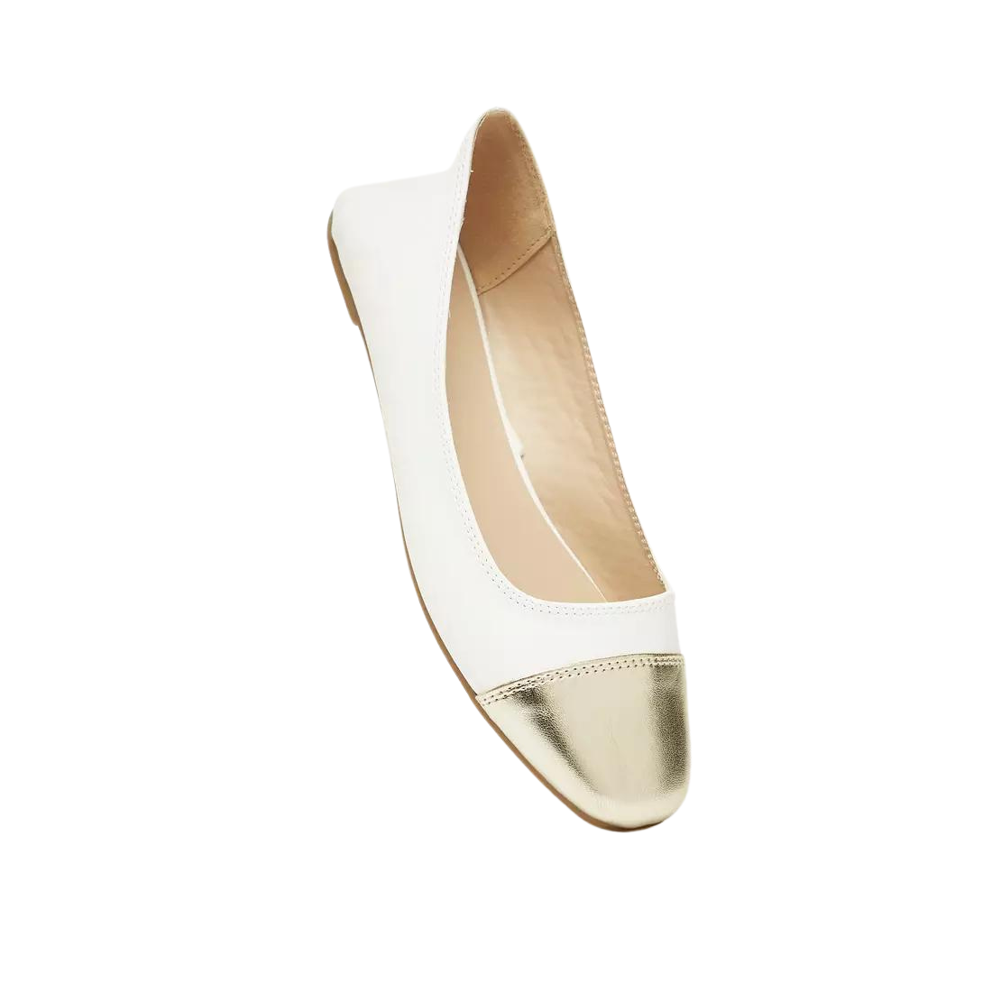 White/Gold Solid Slip-On Round Toe Ballerines
