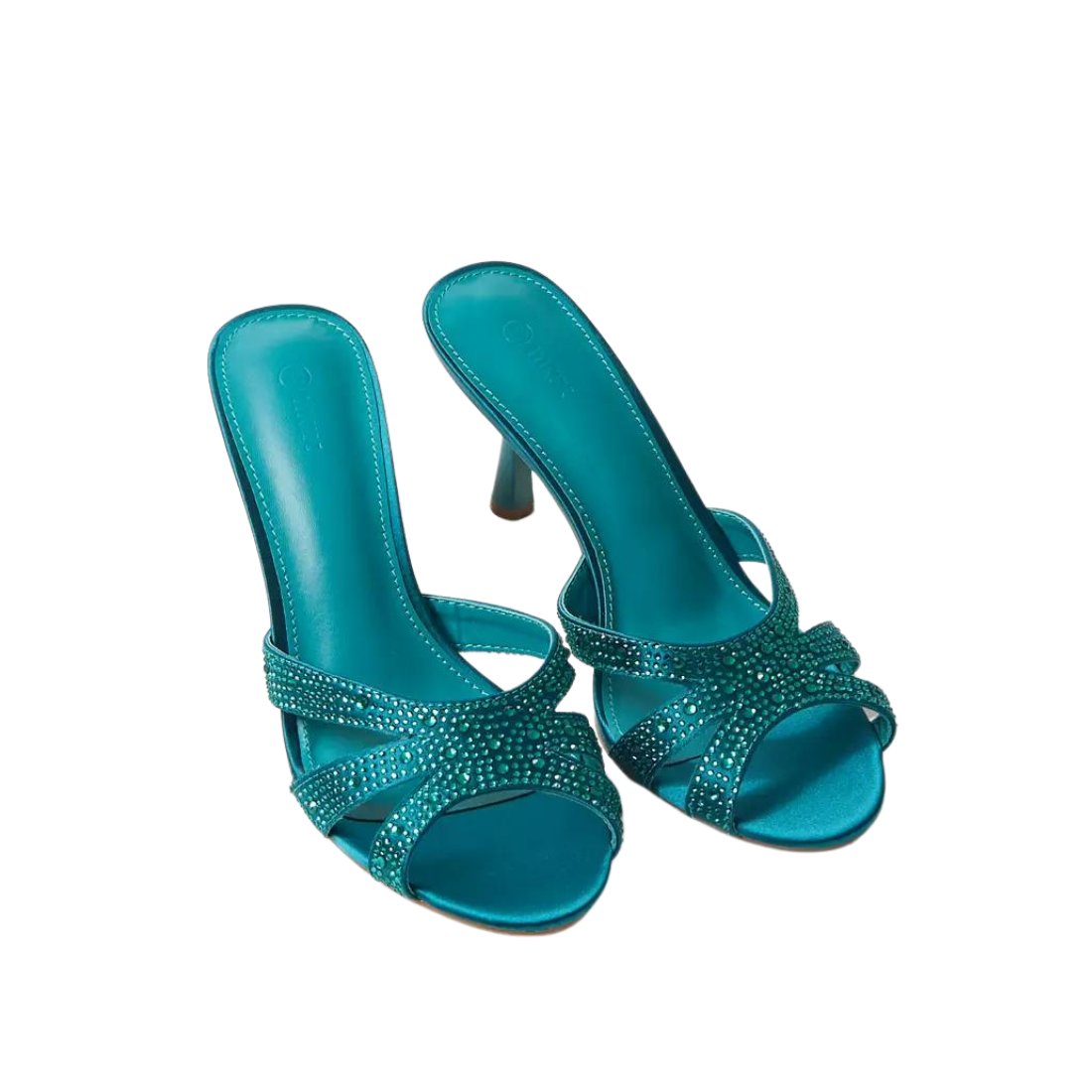 Teal Rhinestone Embellished Slip-On Sandals with Stiletto Heels