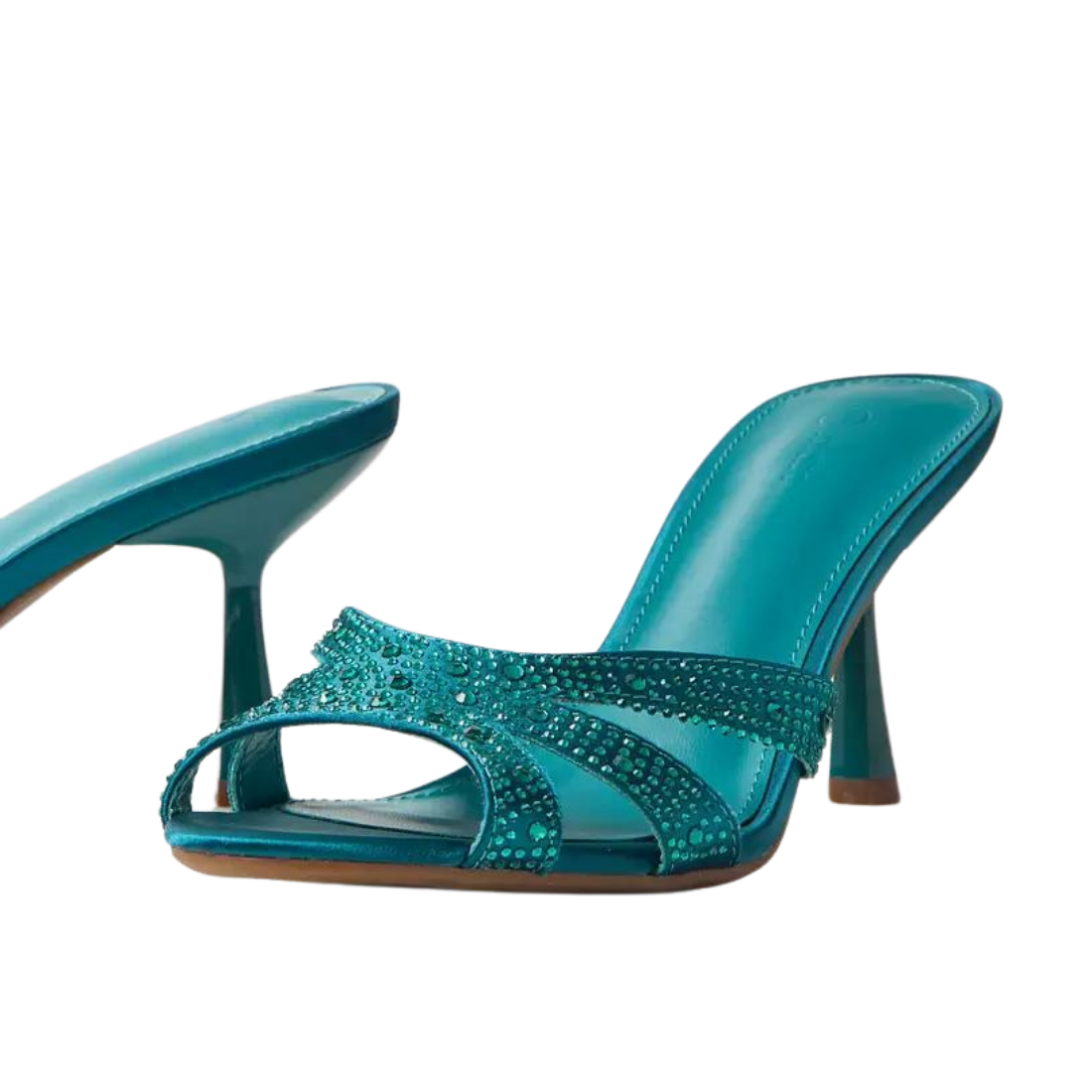 Teal Rhinestone Embellished Slip-On Sandals with Stiletto Heels