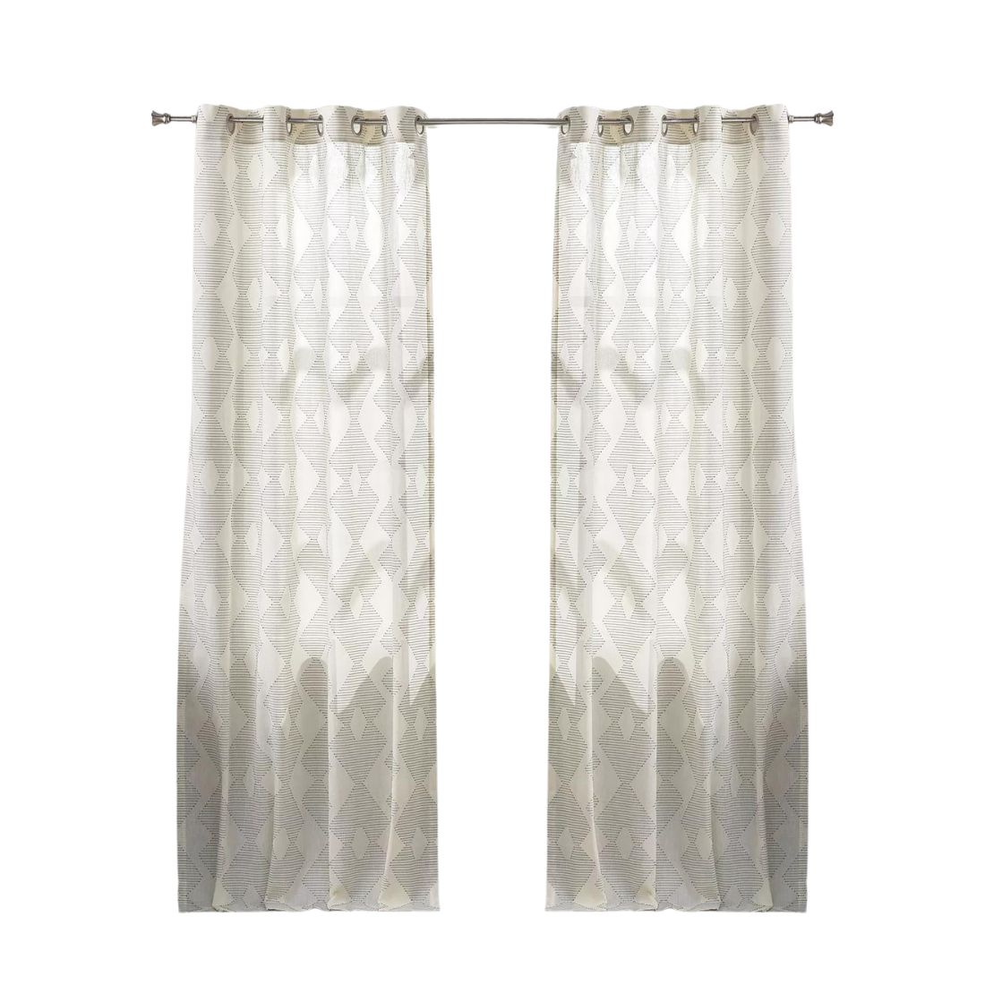 Pair of Off White Linen Curtains With Geometric Threads
