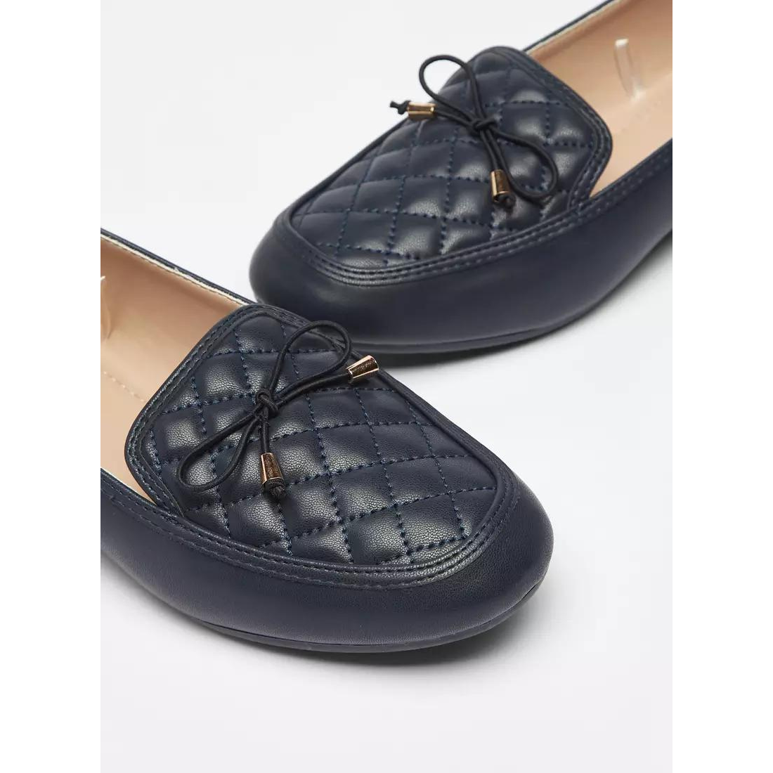 Navy Blue Quilted Slip-On Moccasins with Bow Trim