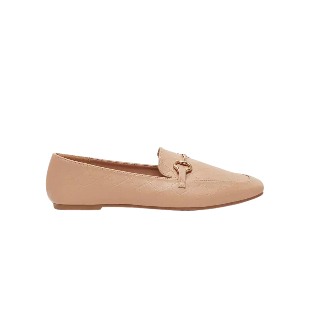 Nude Quilted Slip-On Moccasins with Gold Buckle