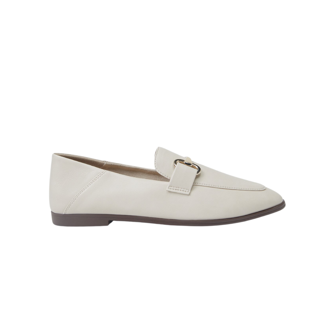 Ecru Soft Leather Slip-On Moccasins with Gold Buckle