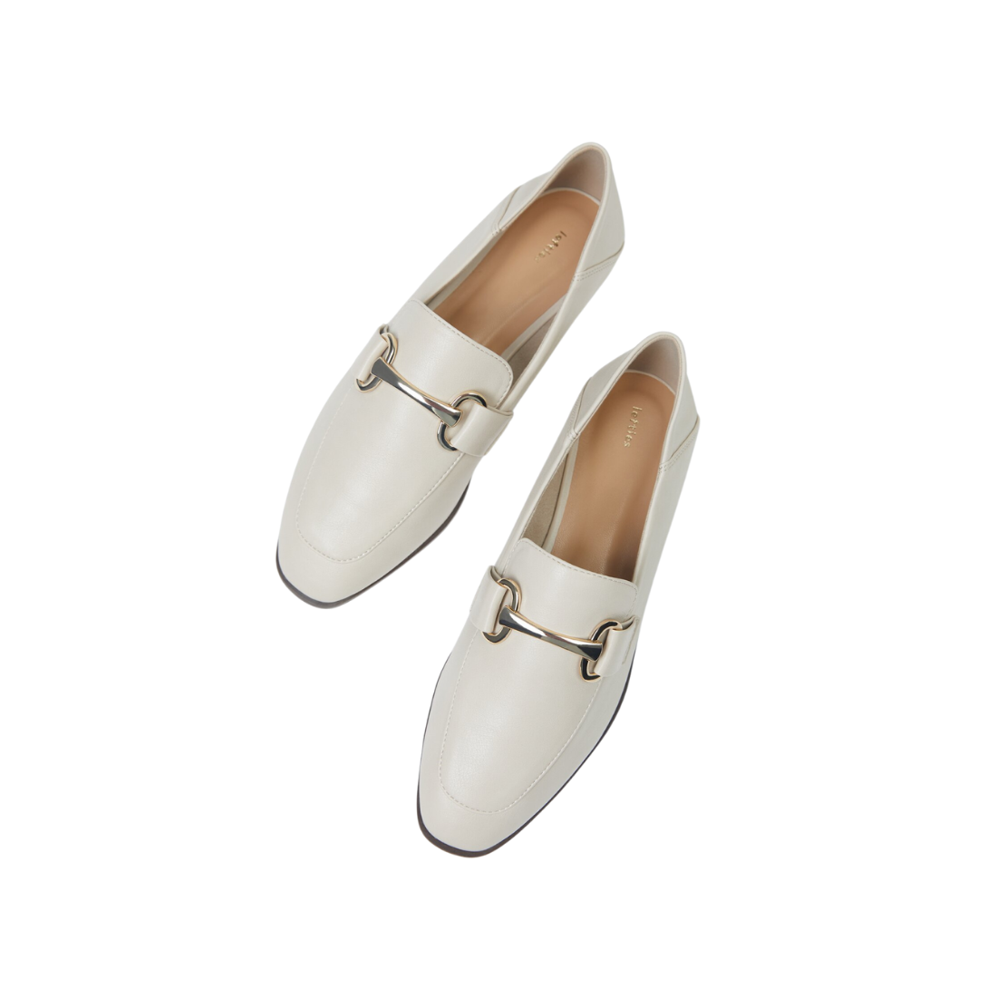 Ecru Soft Leather Slip-On Moccasins with Gold Buckle