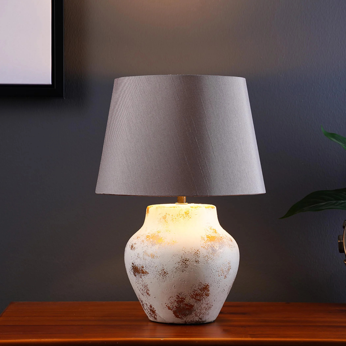 White and Gold Painted Table Lamp with Grey Lampshade