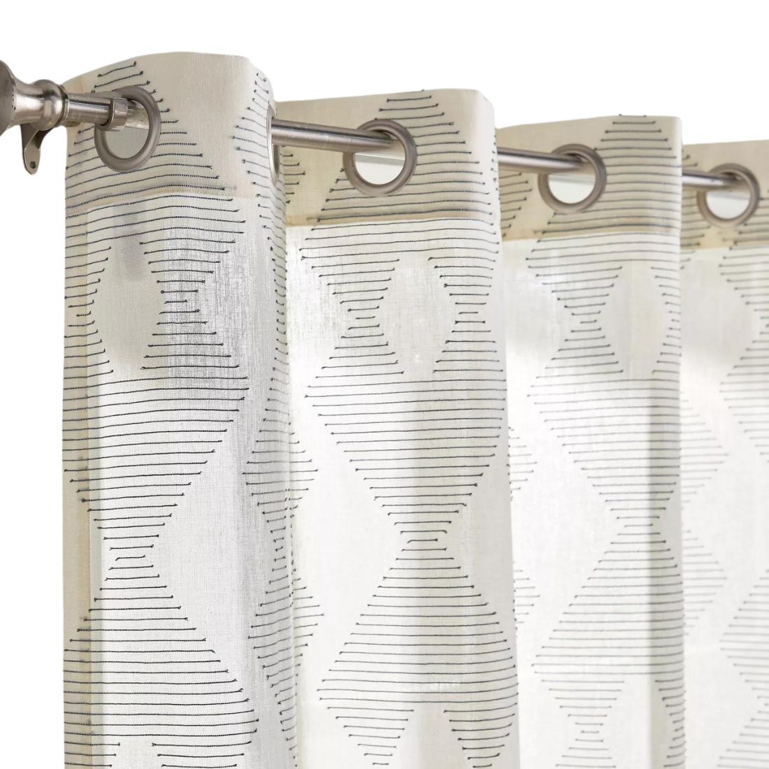 Pair of Off White Linen Curtains With Geometric Threads