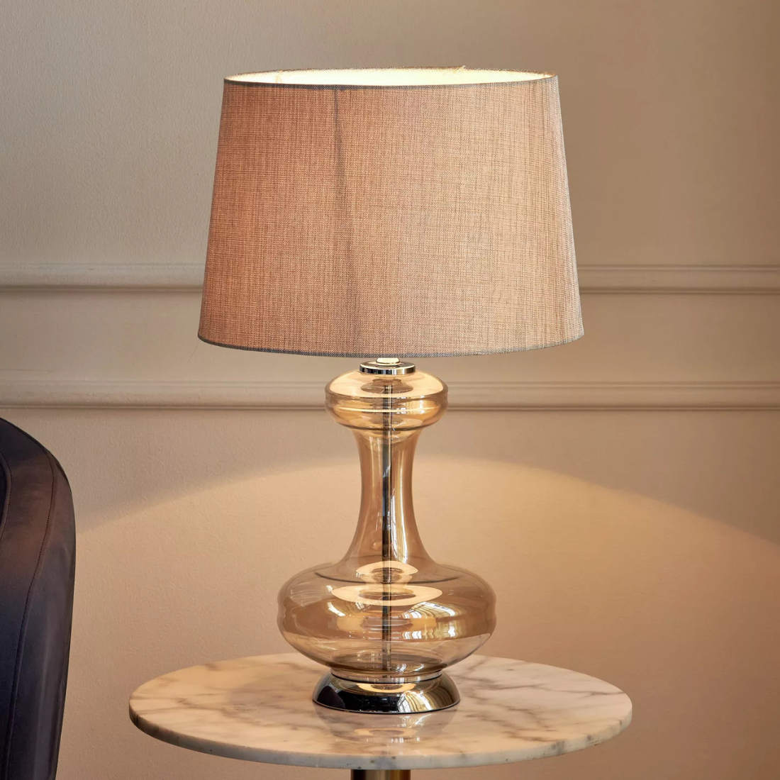 Glass Table Lamp with Beige Lampshade