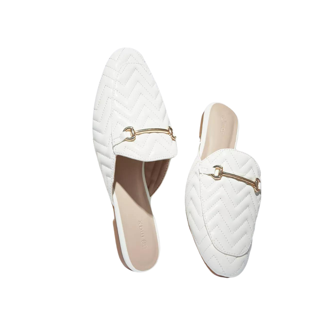 White Chevron Textured Mules with Metallic Accent