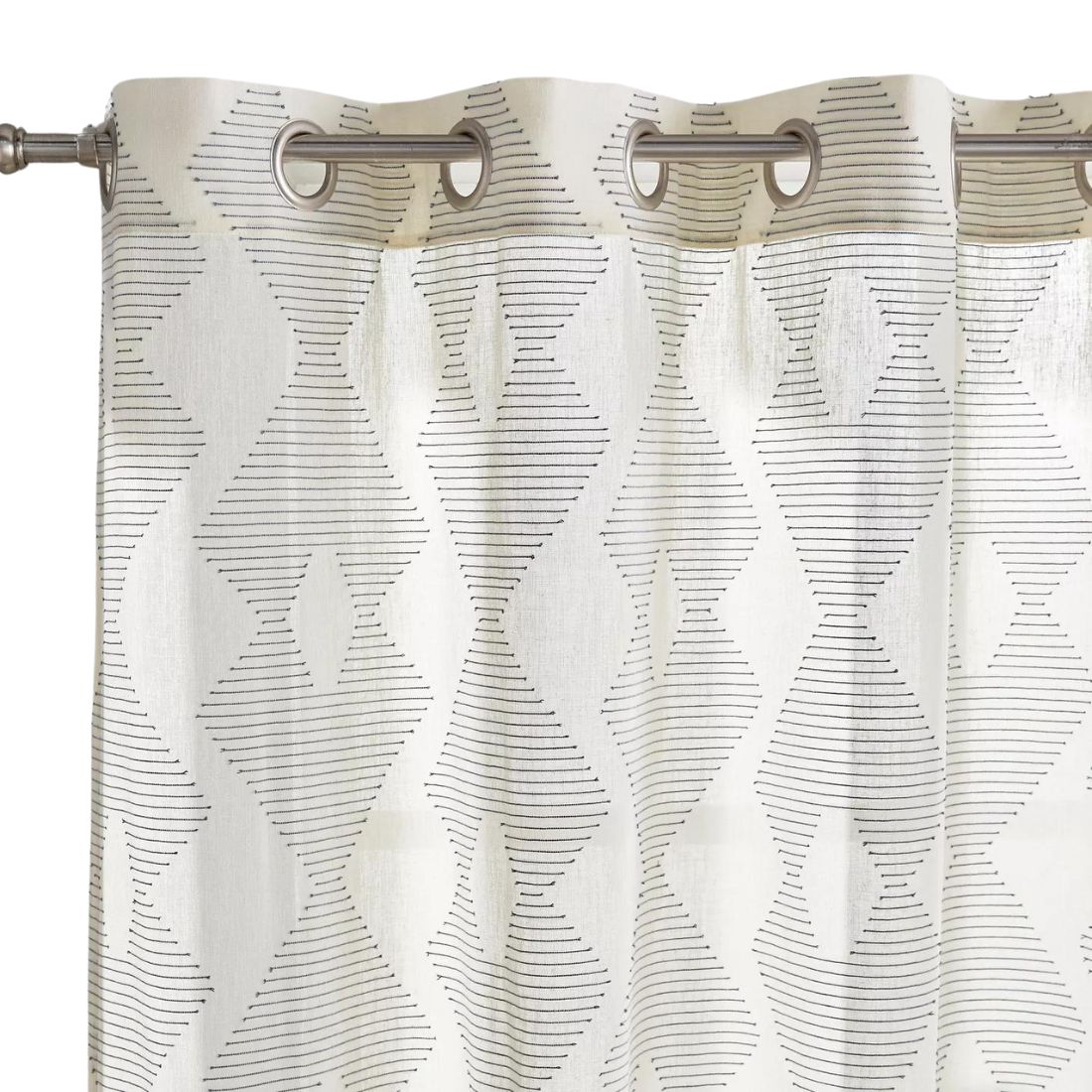 Pair of Off White Linen Curtains With Geometric Threads