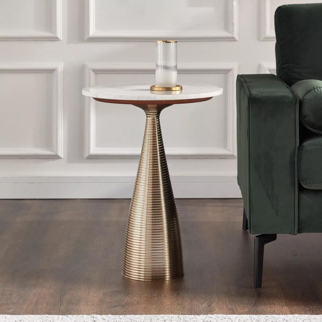 Round Marble Top End Table with Textured Gold Base