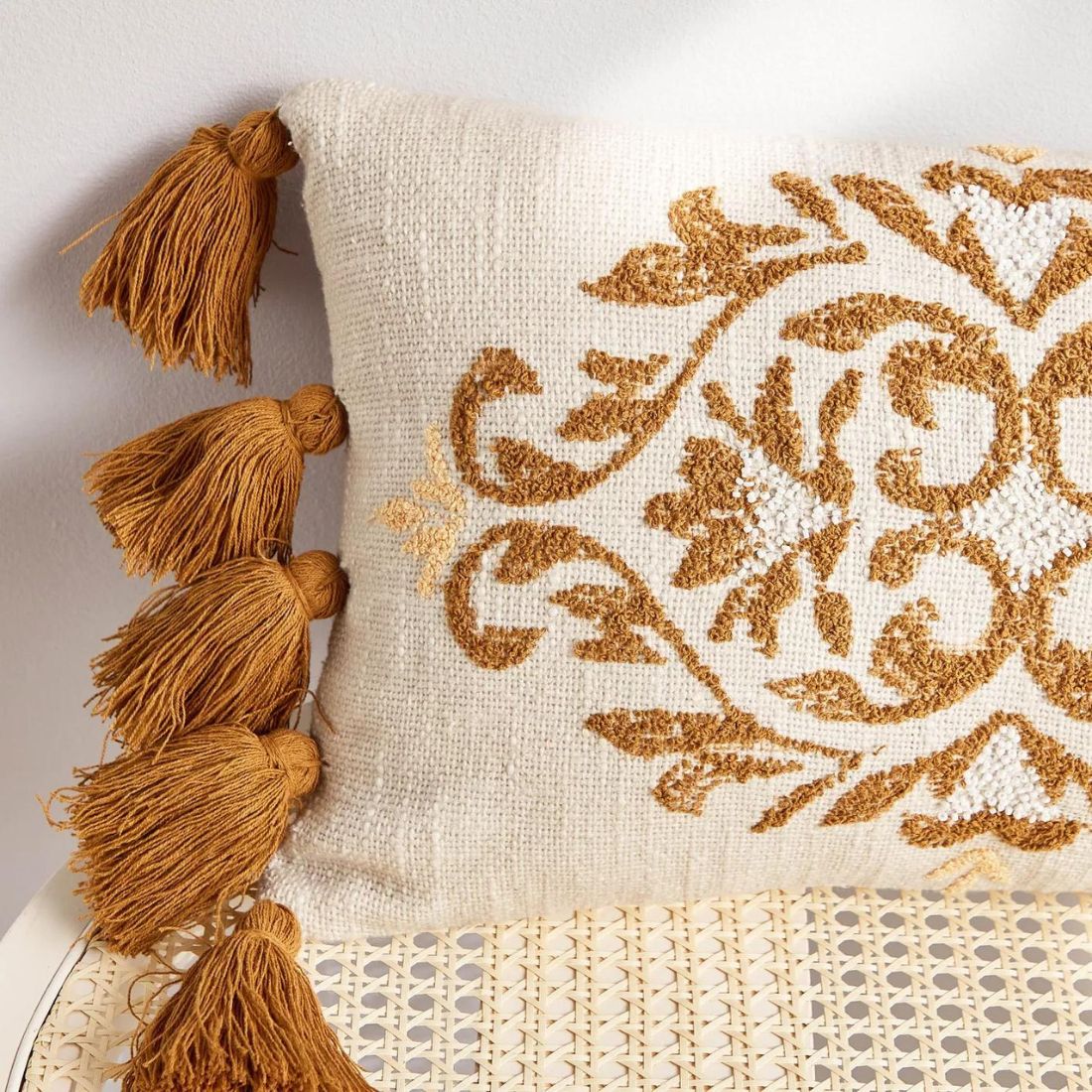 Beaded Cushion with Burnt Orange Tassels