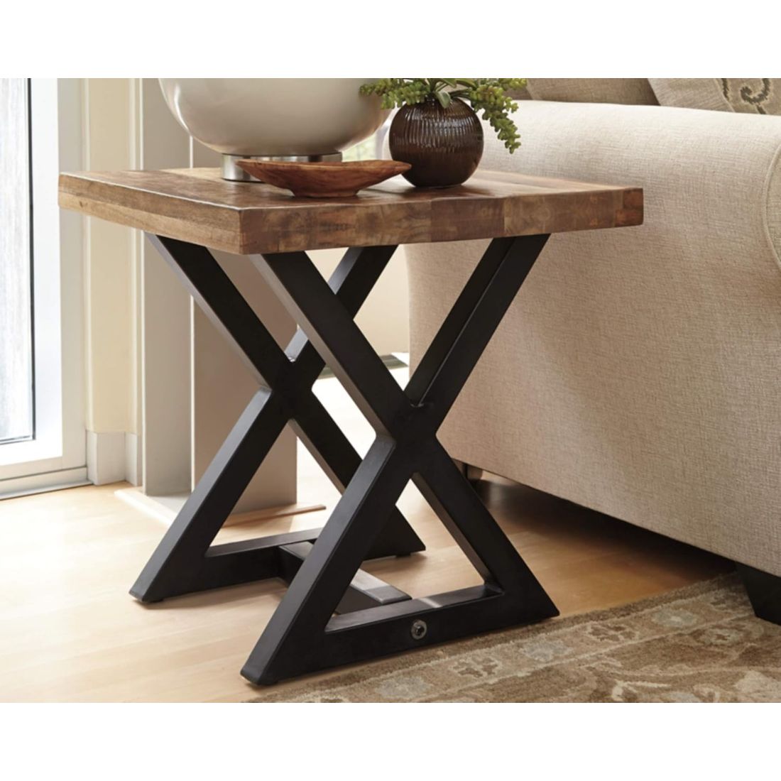 Mango Wood End Table with Black Powder Coated Geometric Base