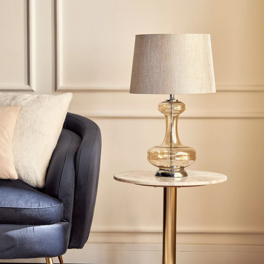 Glass Table Lamp with Beige Lampshade