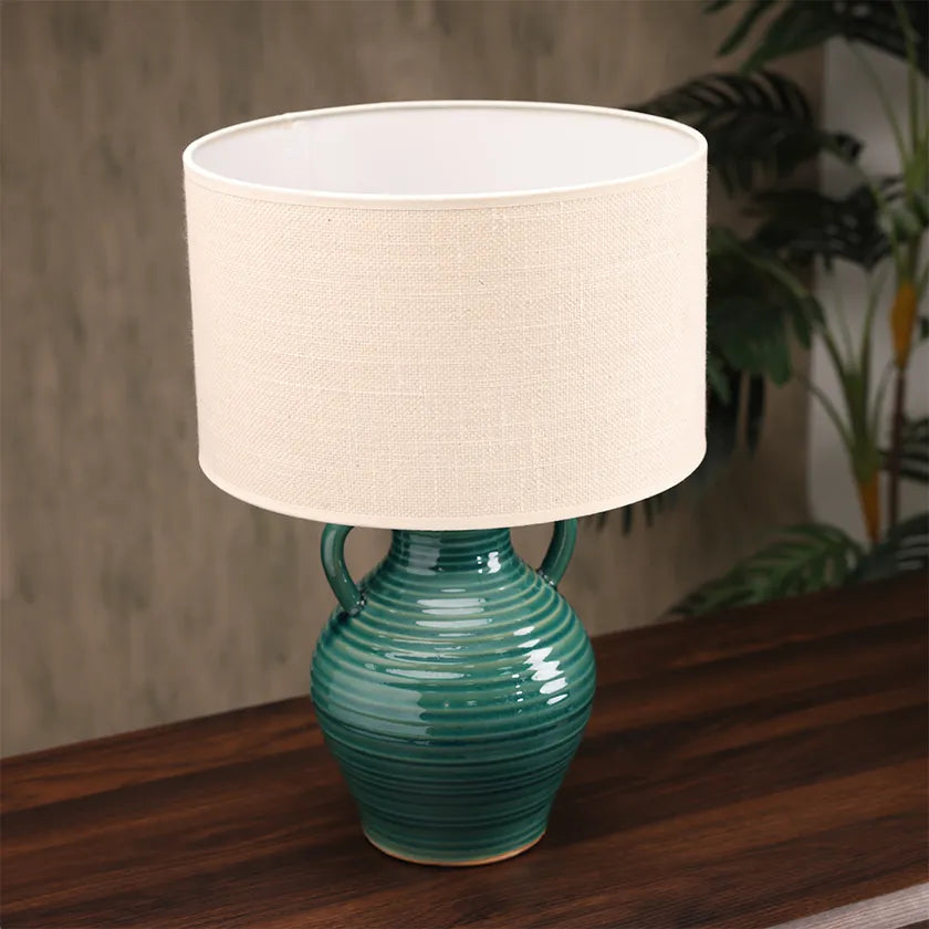 Teal Ceramic Table Lamp with Beige Lamp Shade