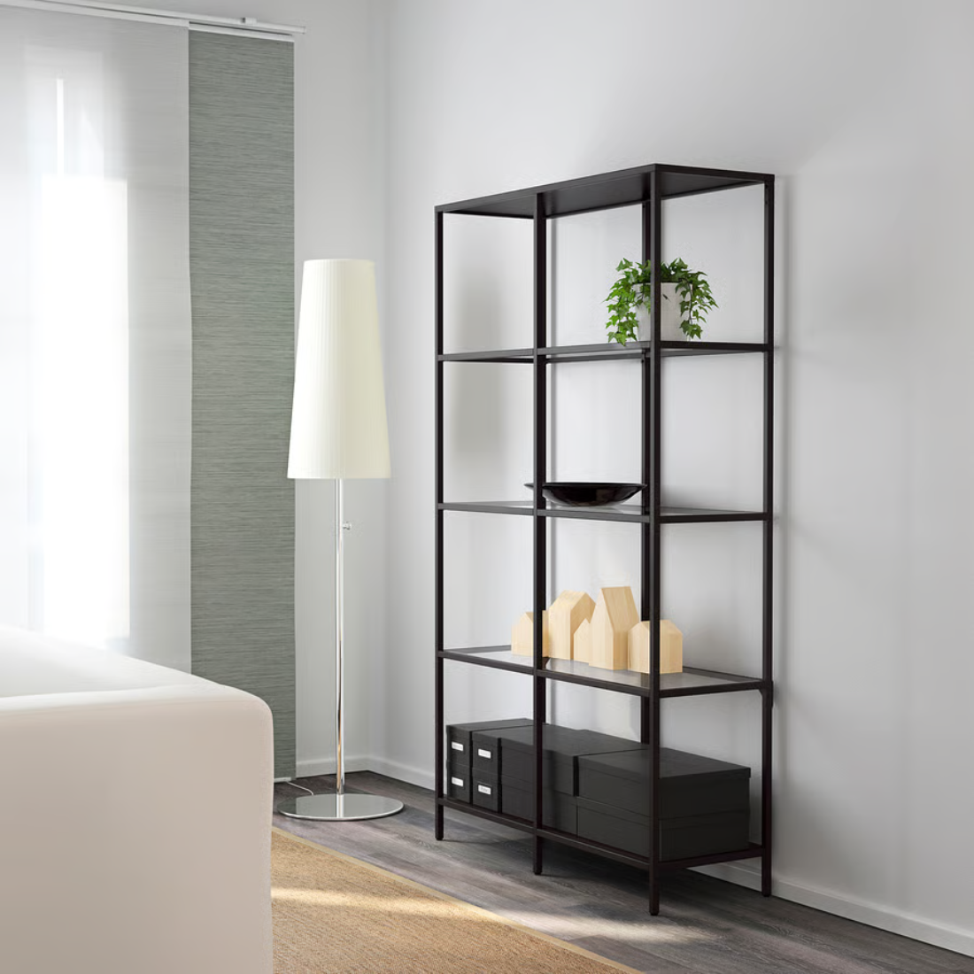 Black and Glass Wide Shelving Unit