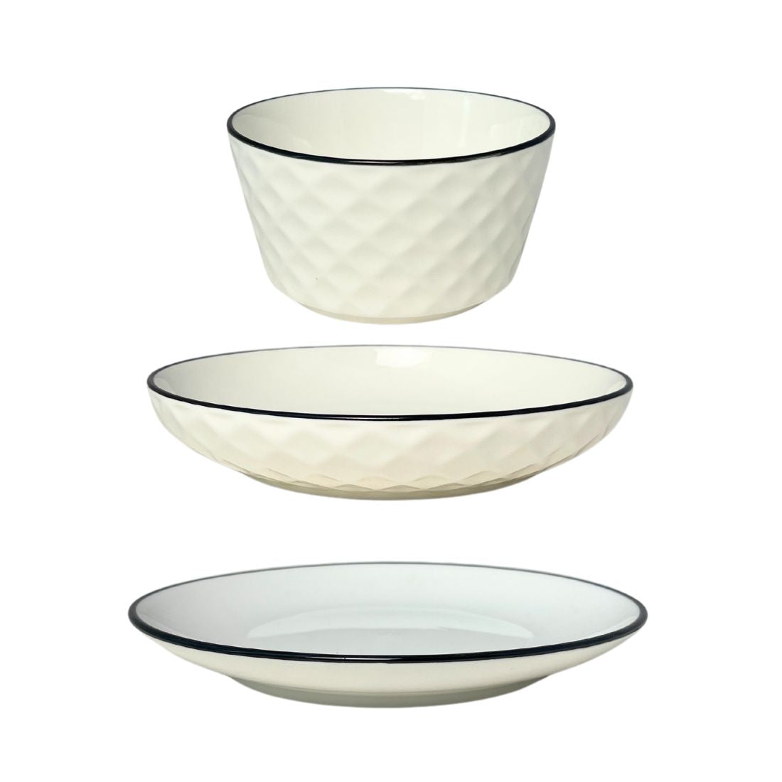 White Geometric Textured Soup Plate with Navy Blue Trim