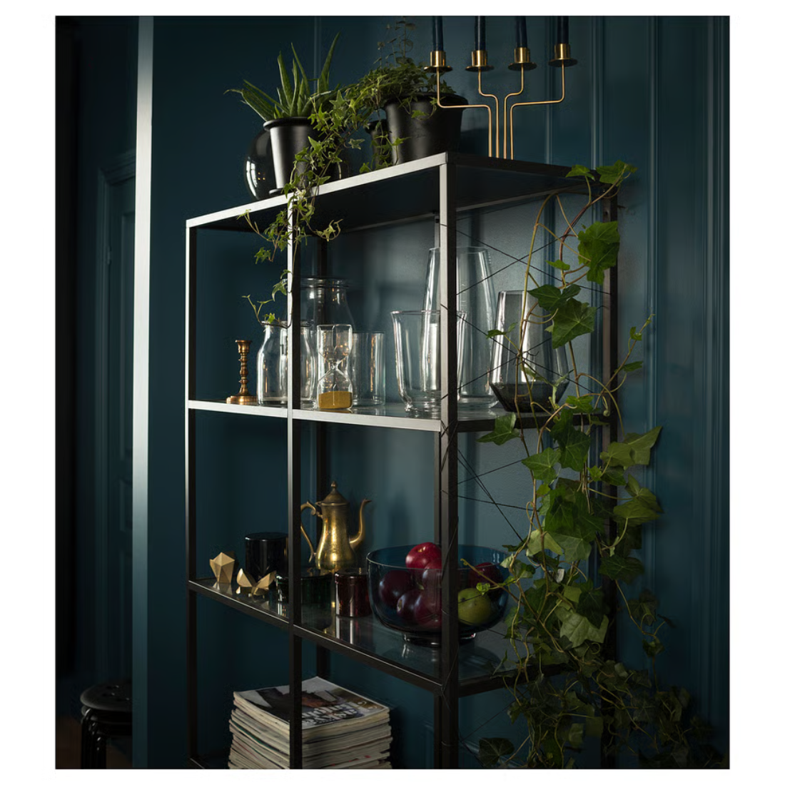 Black and Glass Wide Shelving Unit