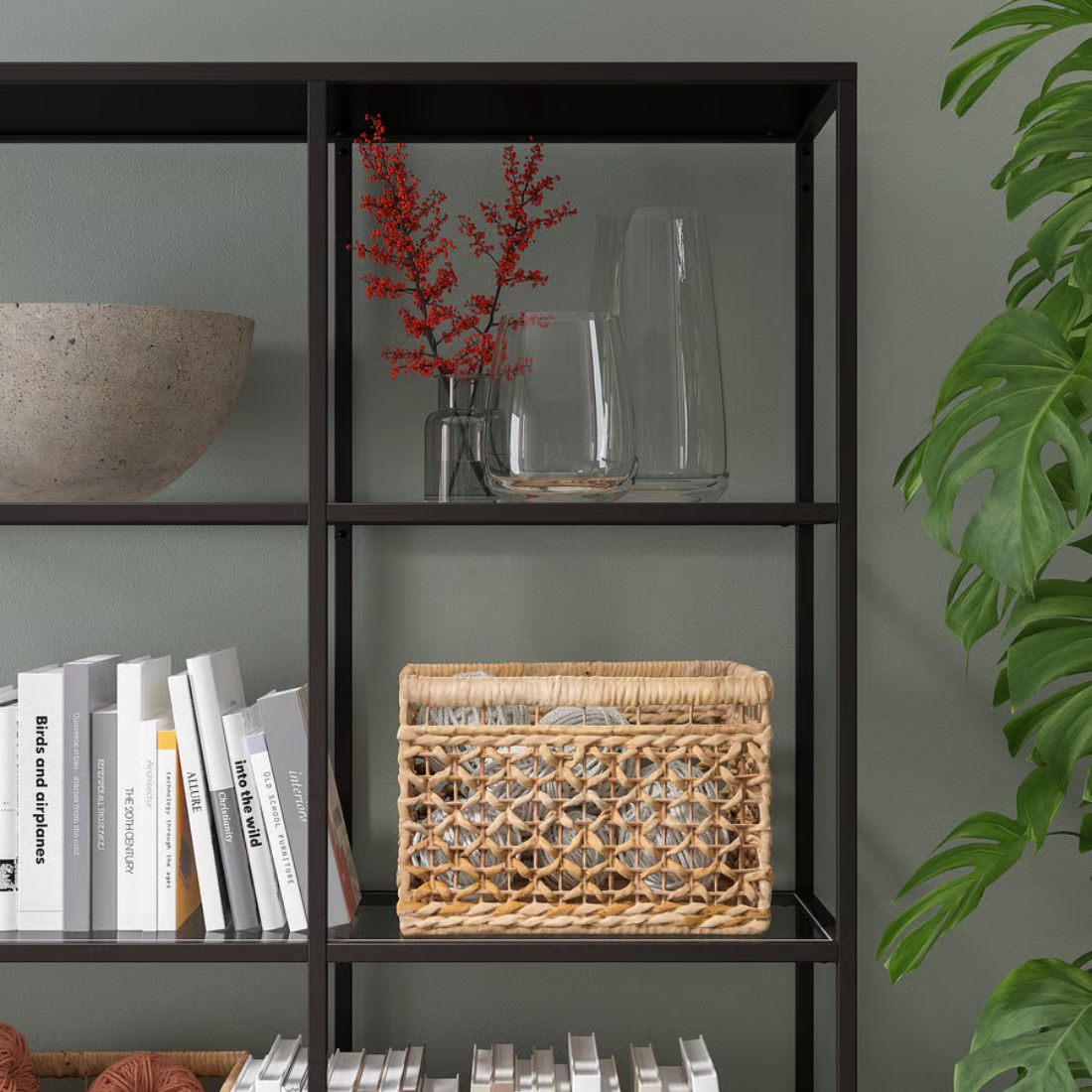 Black and Glass Wide Shelving Unit