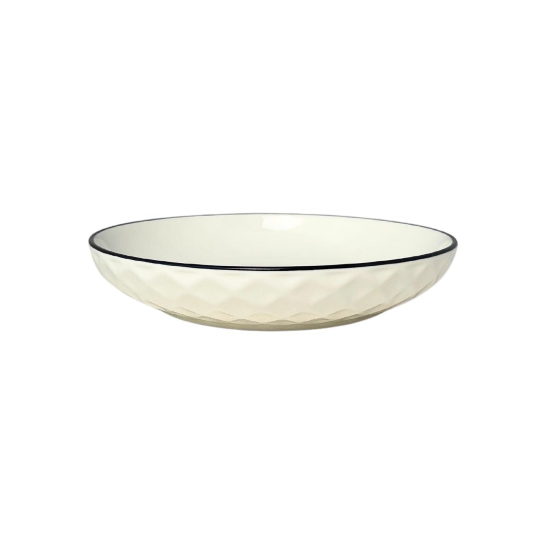 White Geometric Textured Soup Plate with Navy Blue Trim