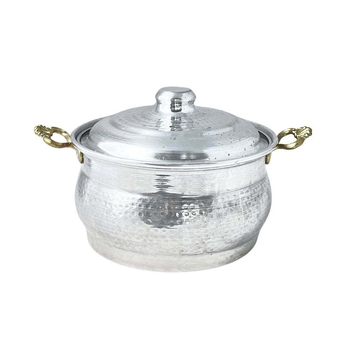 Hammered Silver Pot with Lid and Gold Handles