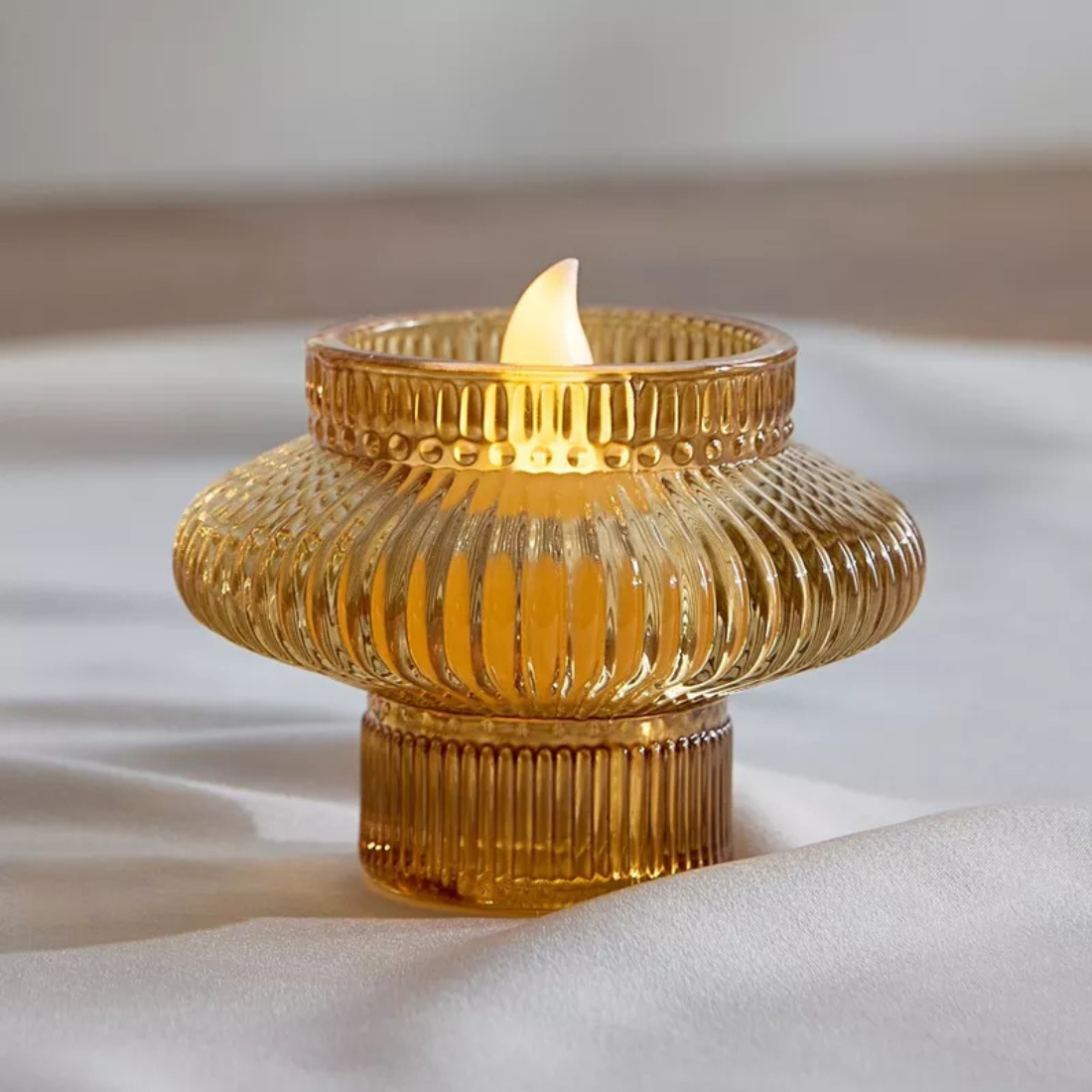Brown Glass Ribbed Tea light Holder