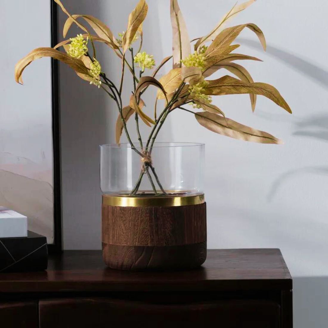 Glass Vase and Candle Holder With Wooden Base