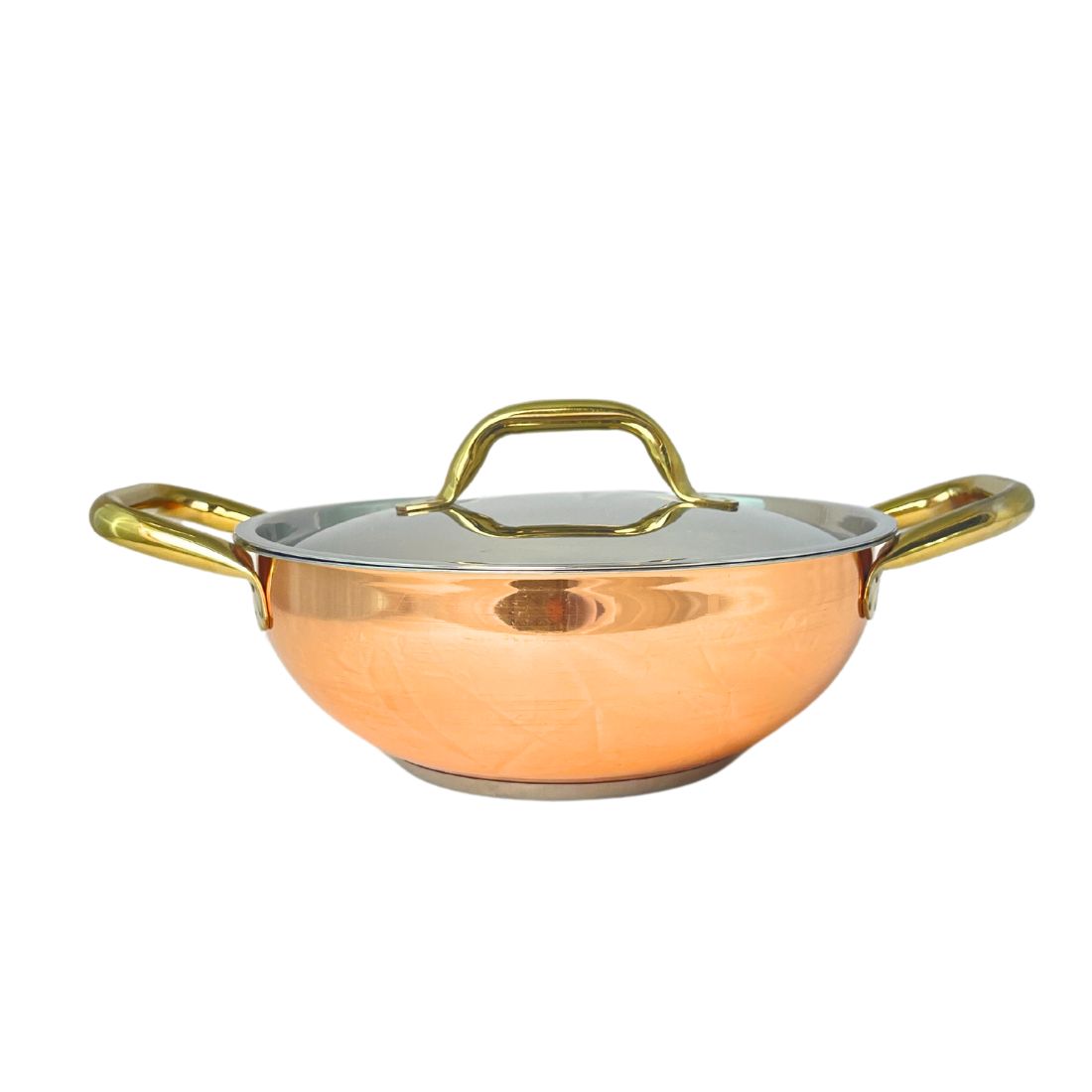 Shiny Copper Casserole with Silver Lid & Gold Handles