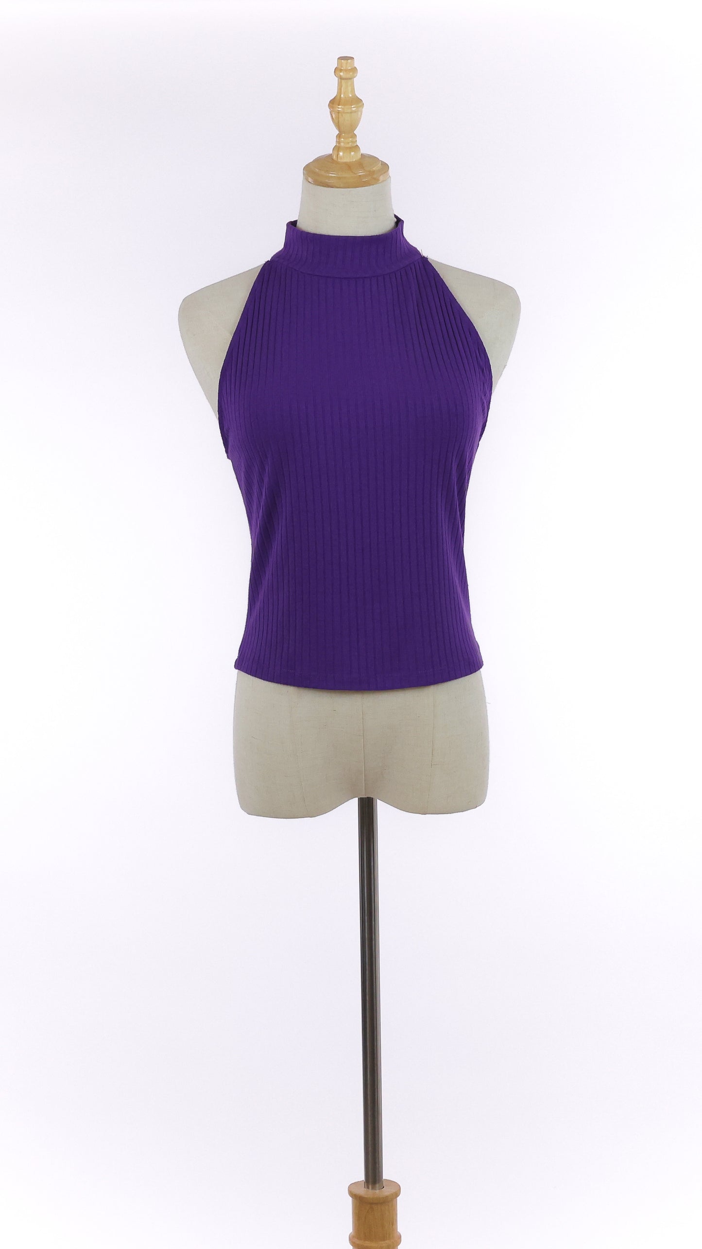 Halter Purple Ribbed Sleeveless Turtleneck Top