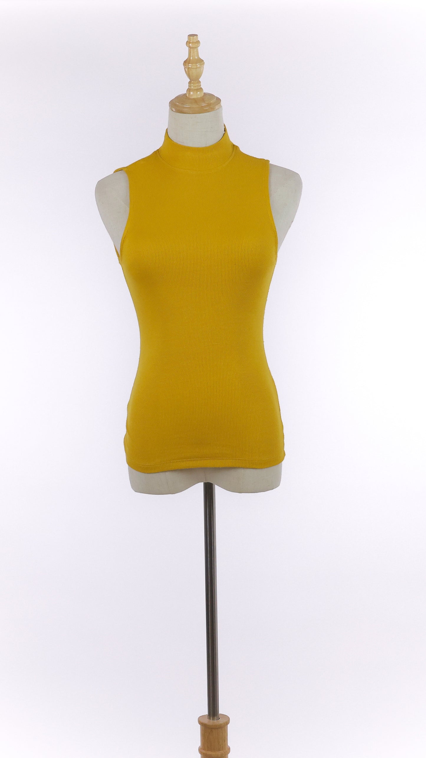 Mustard Ribbed Sleeveless Turtleneck Top