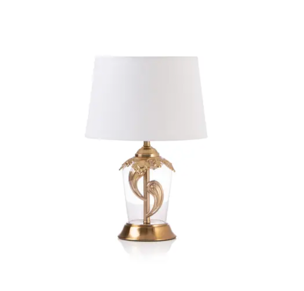 Brass Lamp with Floral Base and Beige Lamp Shade