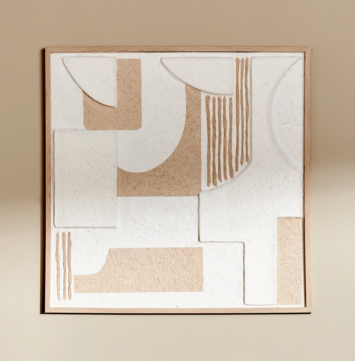Wooden Framed Abstract Beige and White Geometric Artwork