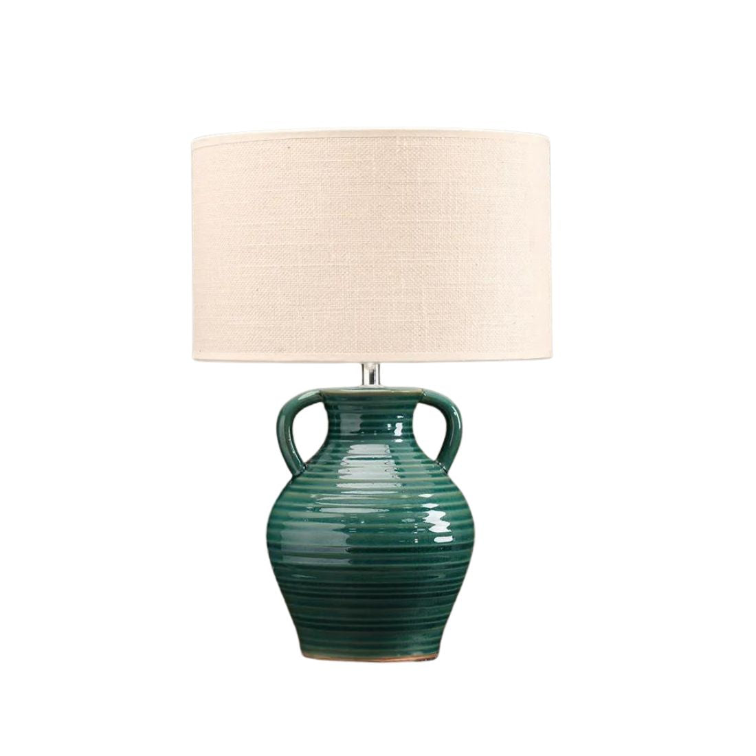 Teal Ceramic Table Lamp with Beige Lamp Shade