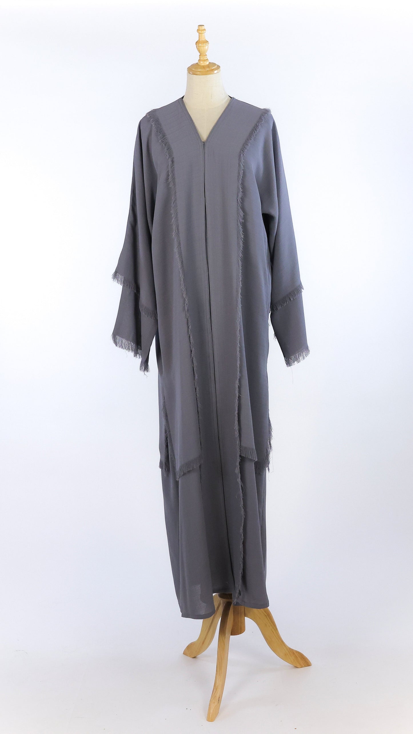Open Grey Crepe Abaya With Fringes