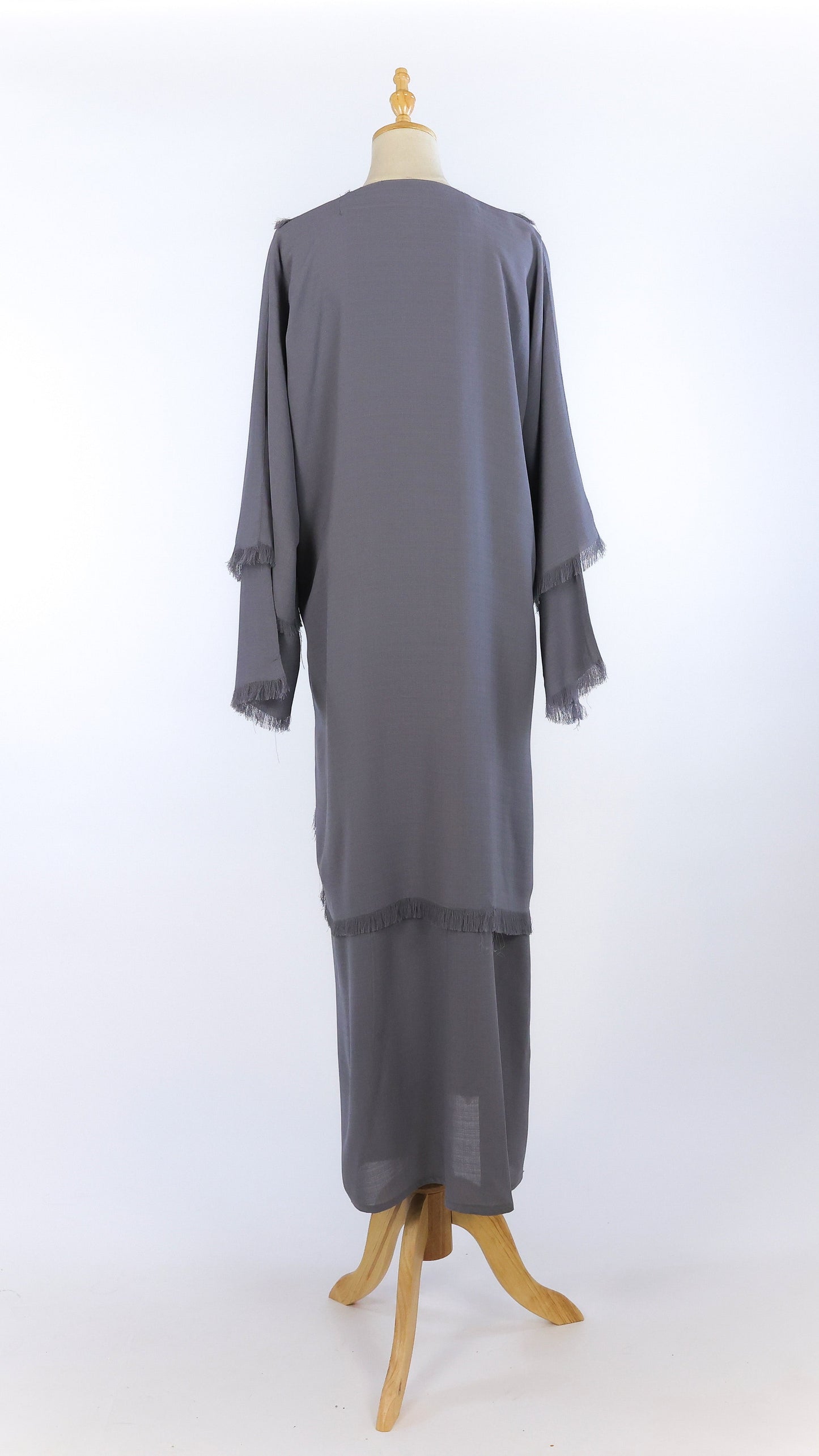 Open Grey Crepe Abaya With Fringes