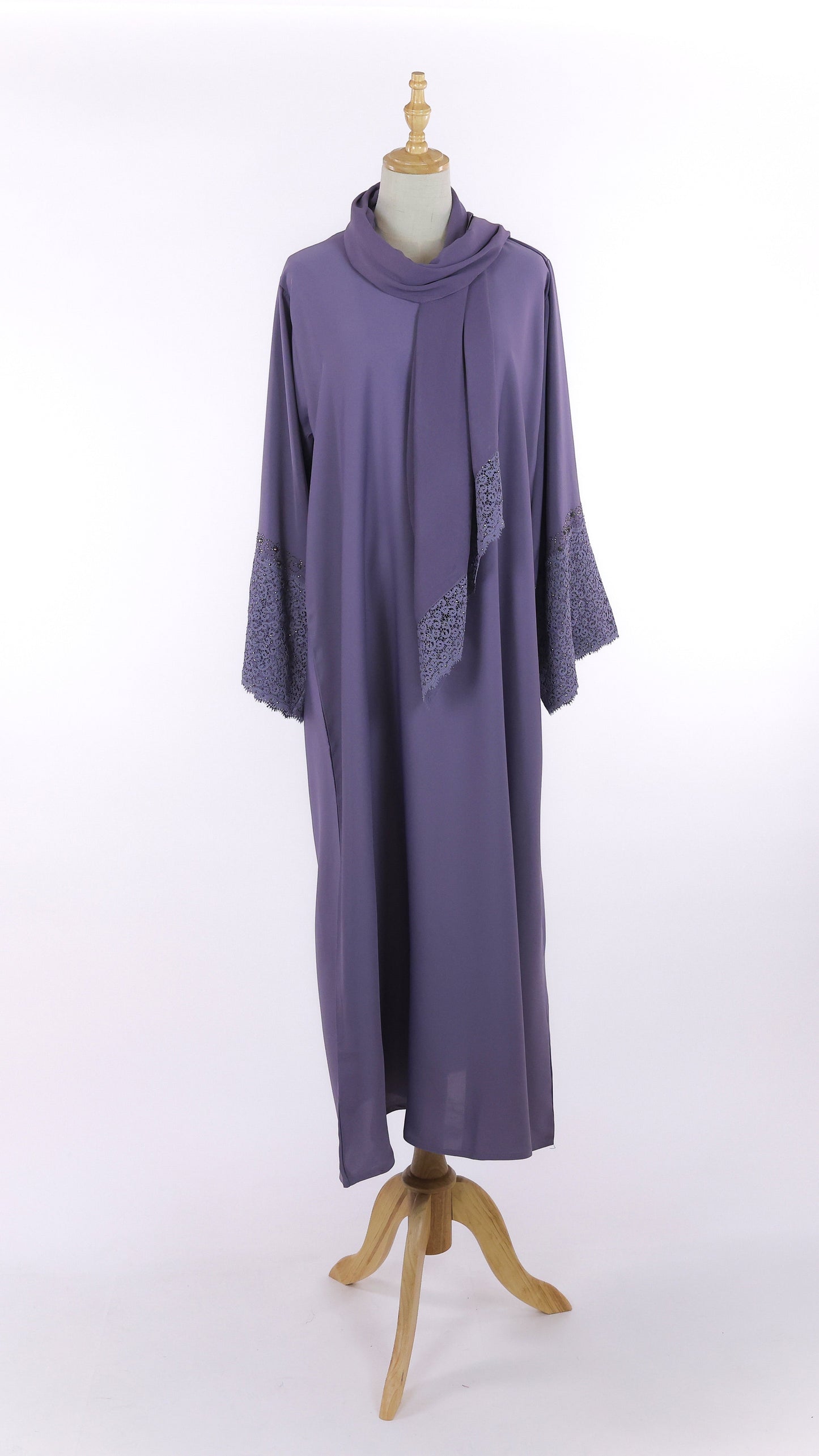 Closed Purple Abaya With Floral Embroidery And Matching Sheila