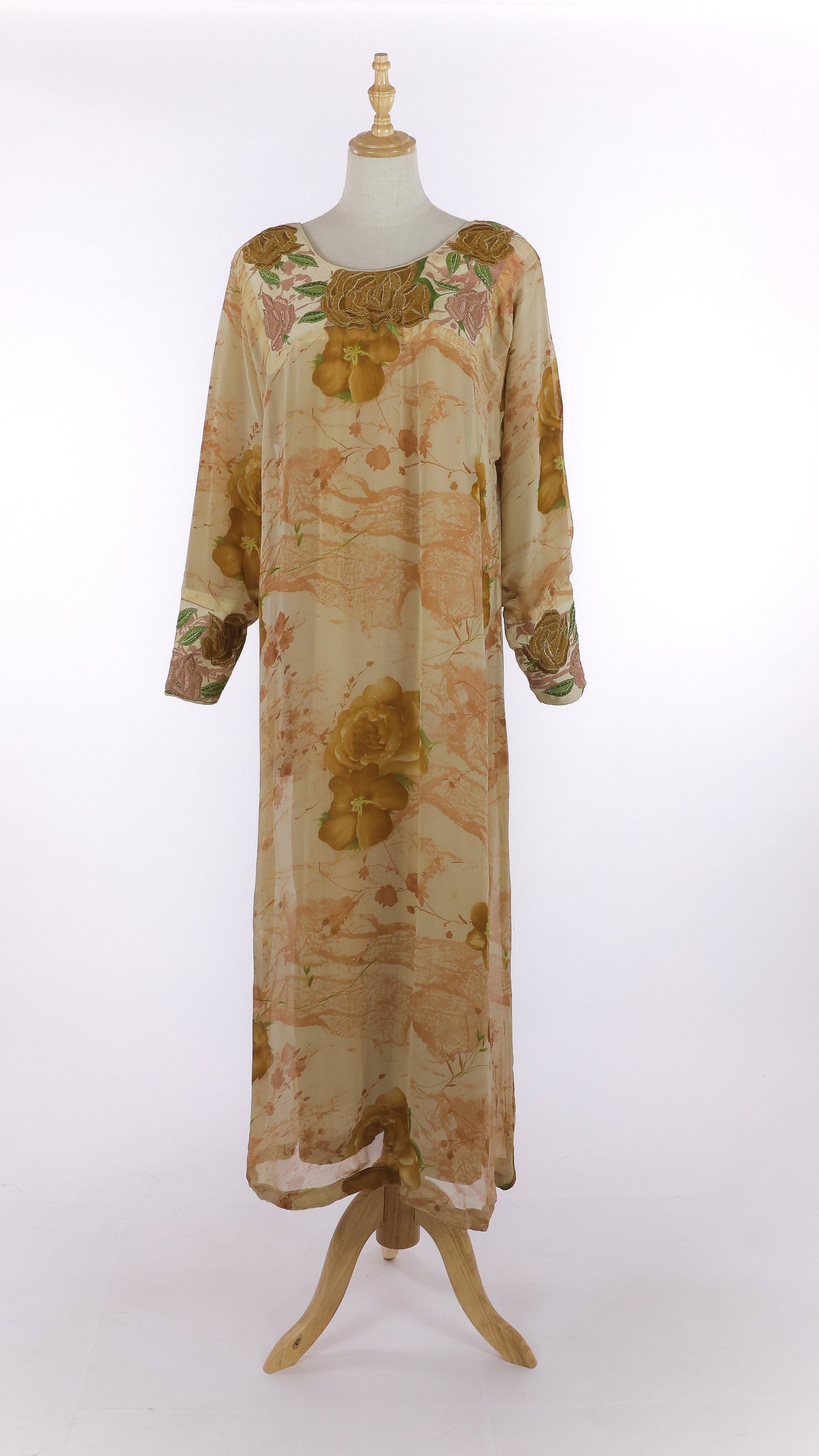 Beige Mukhawar Jellabiya With Gold Floral Embroidery