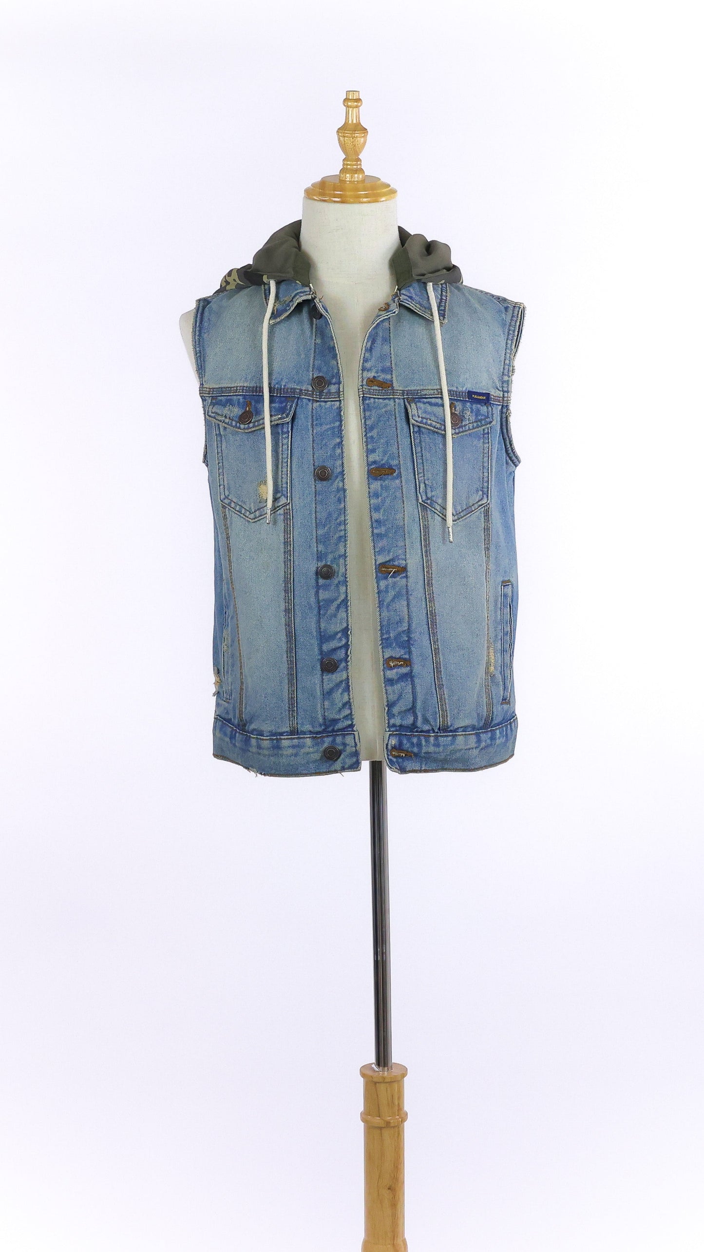 Denim Vest With Detachable Camouflage Hoodie