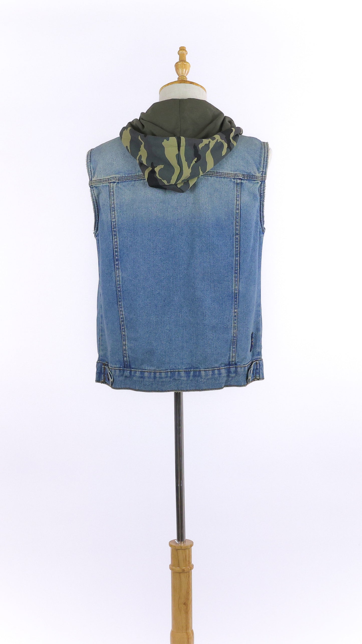 Denim Vest With Detachable Camouflage Hoodie