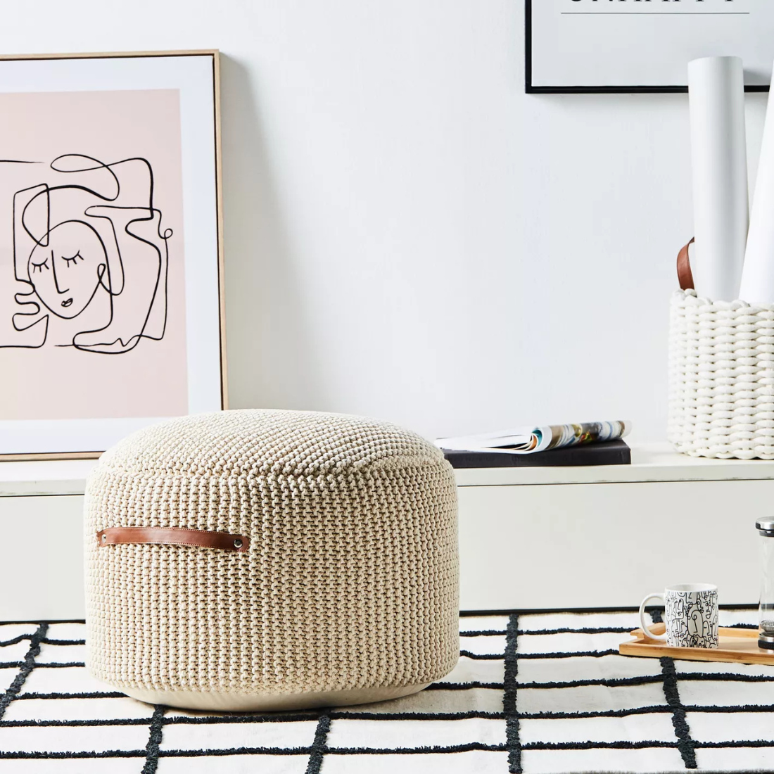 Beige Knitted Pouffe