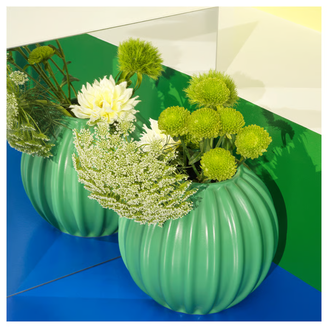 Green Ribbed Round Vase