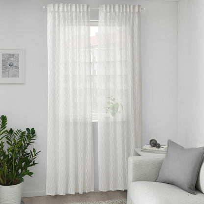 Pair of White Sheer Curtains With Geometric Pattern