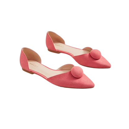 Pointy Pink Suede Ballerines with Pompom