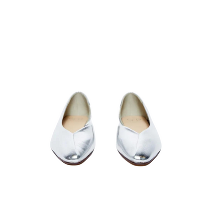 Silver Leather Point Asymmetric Ballerines