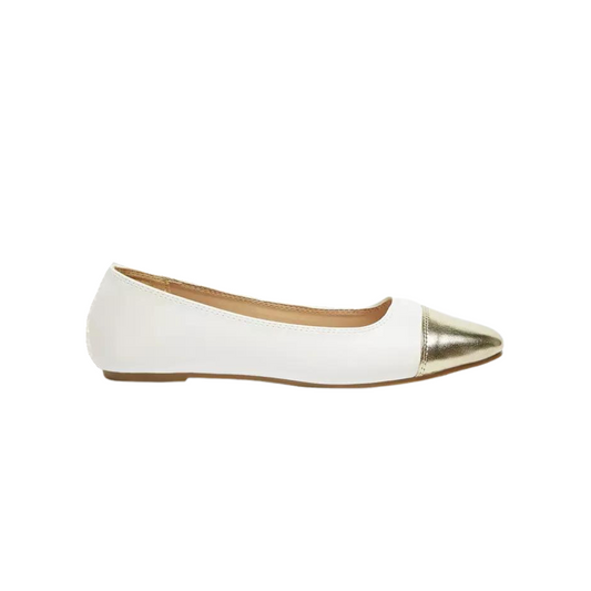 White/Gold Solid Slip-On Round  Toe Ballerines