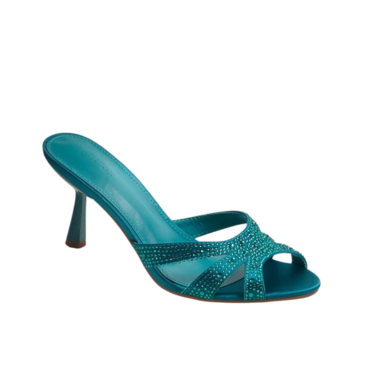 Teal Rhinestone Embellished Slip-On Sandals with Stiletto Heels