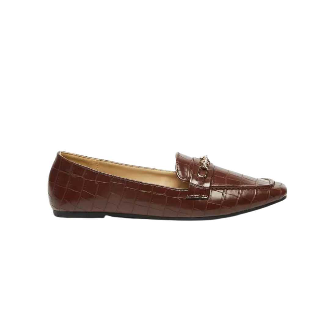 Brown Faux Croco Leather Loafers with  Gold Chain Detail