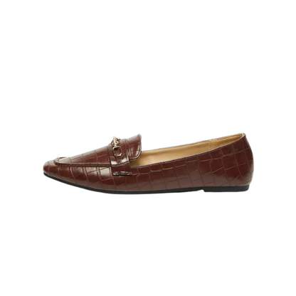 Brown Faux Croco Leather Loafers with  Gold Chain Detail