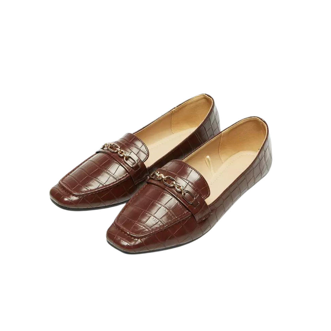 Brown Faux Croco Leather Loafers with  Gold Chain Detail